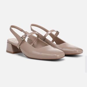 Tahari Beige Patent Leather Slingback Block Heels